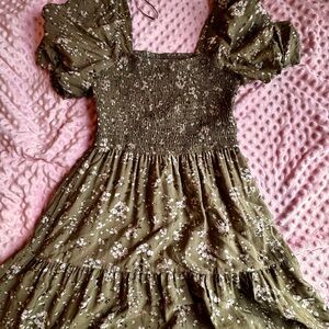 Women’s Olive Floral Smocked Puff-Sleeve Dress